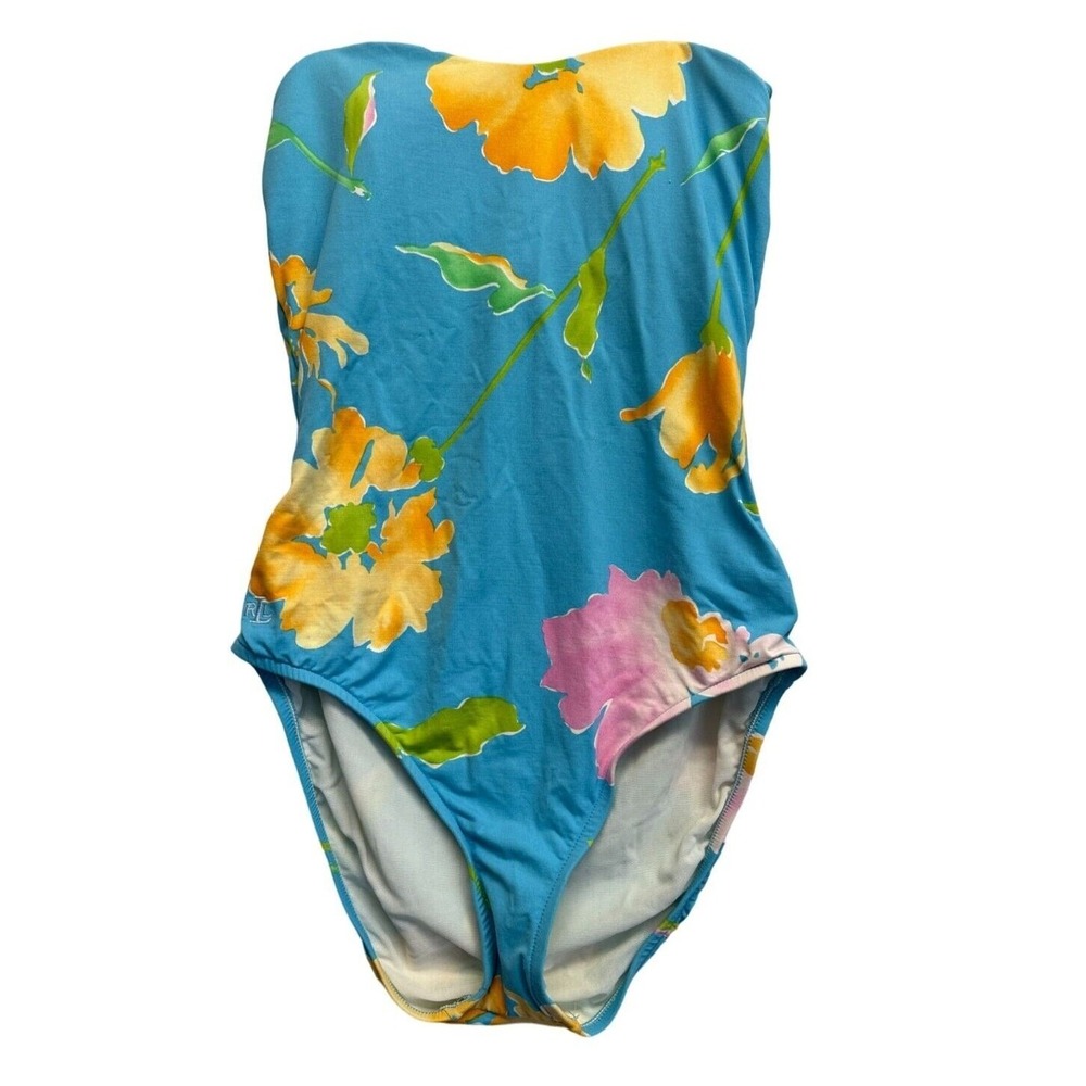 Lauren Ralph Lauren Vintage Floral One Piece Swimsuit Blue Yellow Size 12‎ USA